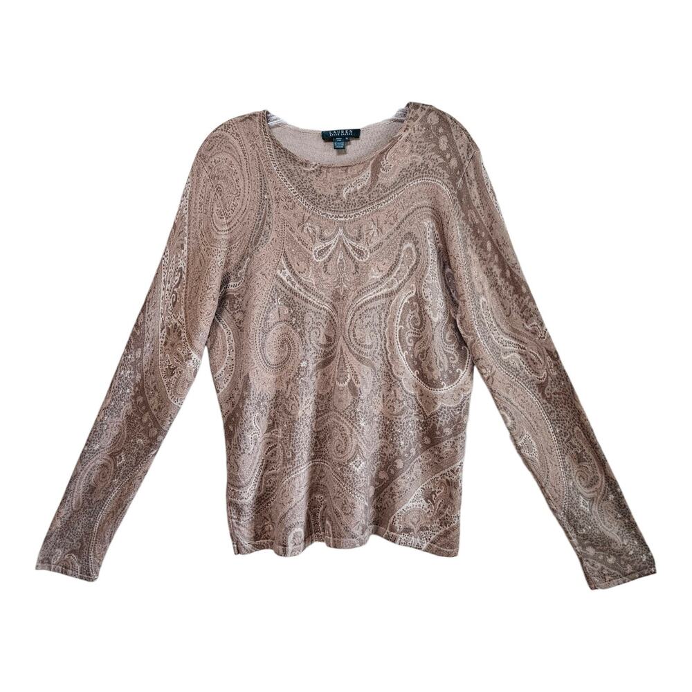 LAUREN RALPH LAUREN Women L XL Sweater Paisley Silk & Cashmere Long Slv Bust 38